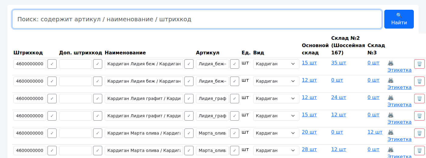 Номенклатура и остатки по складам